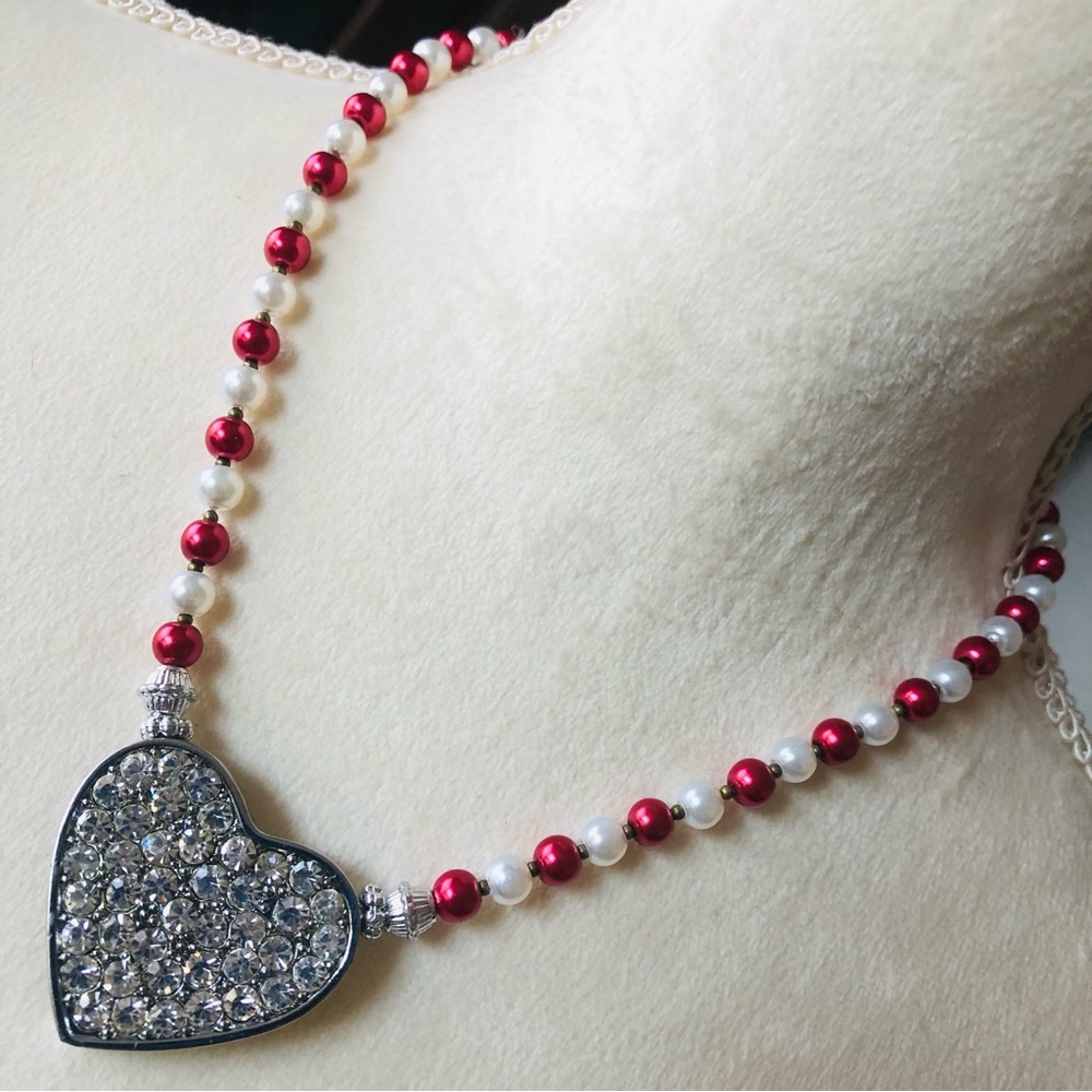Handcrafted repurpose pave heart pendant Czech glass Pearl necklace